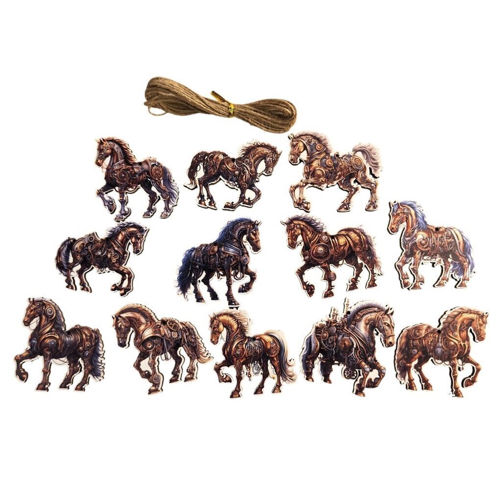 Wooden Horse Ornaments Set Of 12 Laser Cut Steampunk Rope